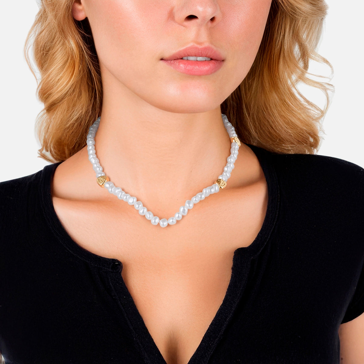 Kette gelbgold Perle (synth.) weiß