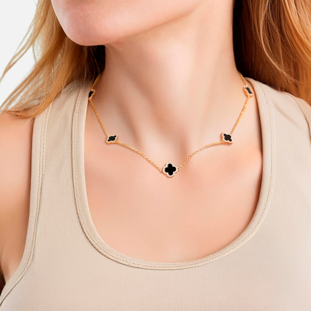 Kette mit Anhänger geblgold Zirkonia weiß Acryl schwarz