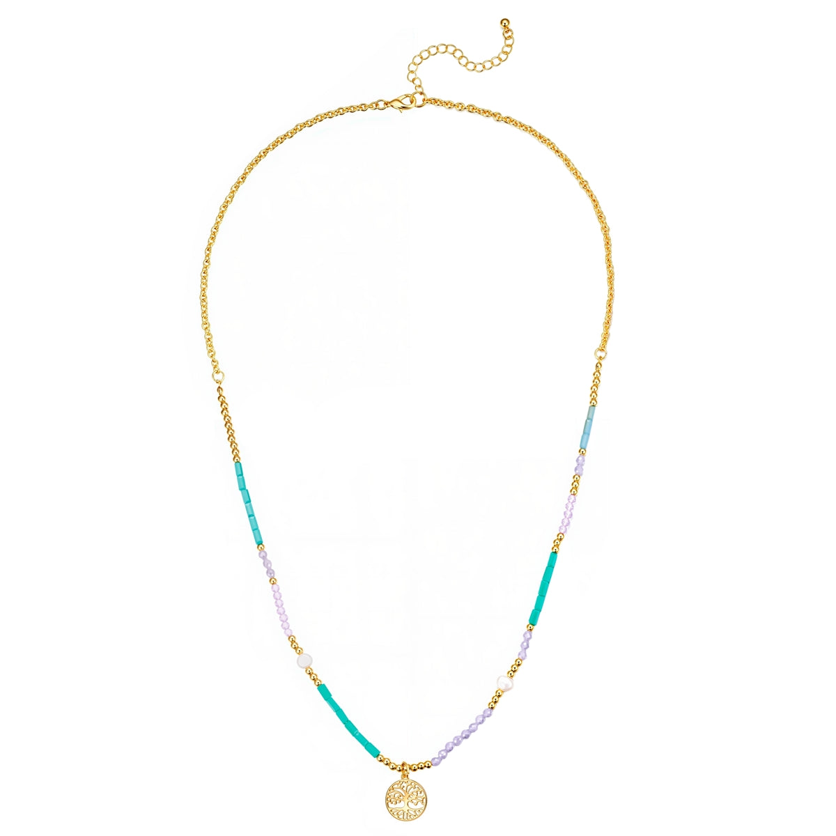 Kette mit Anhänger gelbgold Süßwasser-Zuchtperle weiß Glas multicolor